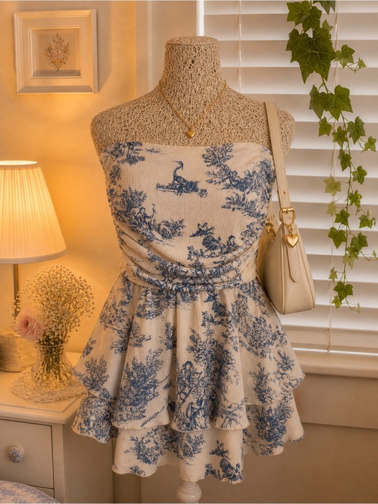 Dresses & Skirts - Blue Toile Strapless Tiered Mini Dress